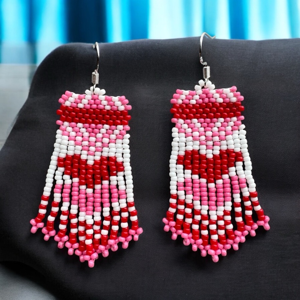 Red Pink Beaded Heart Earrings 2.5 Inches Dangle Drop Seed Bead Earrings